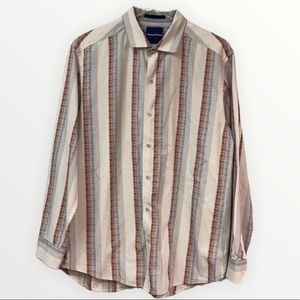 Tommy Bahamas Long Sleeved Striped Dress Shirt Cotton Silk Large